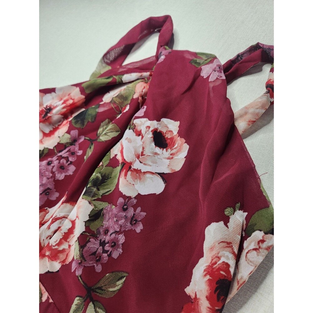 Ricarica Burgundy Floral Halter Maxi Dress Sleeveless Chiffon Zip Sz M  #026